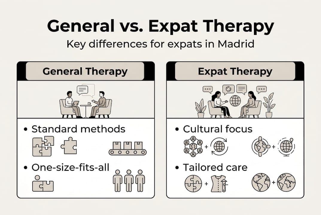 Infographic contrasts general and expat therapy features