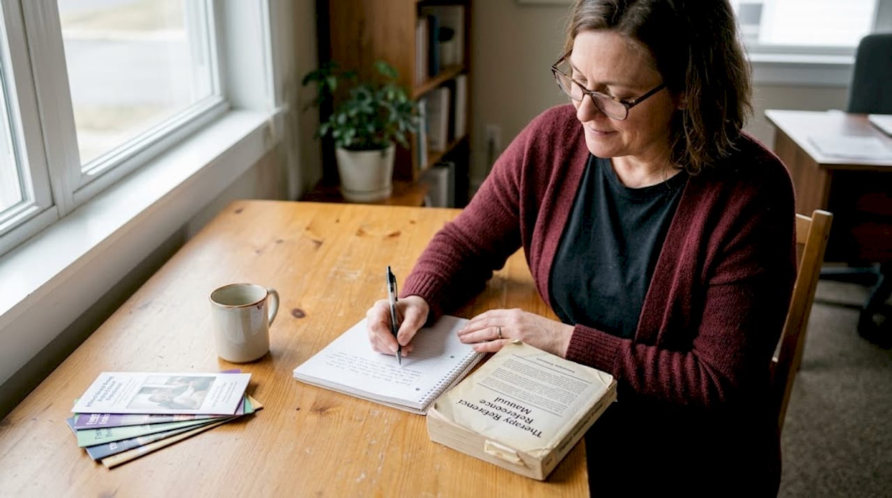 Therapist writing notes in shared office setting