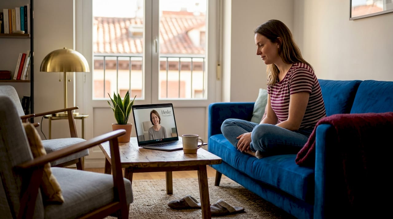 Expat woman video chatting with therapist at home