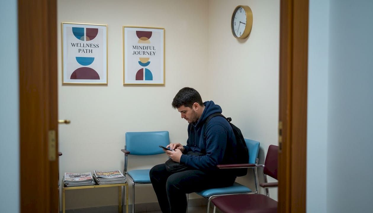 Man waiting in crowded public clinic area