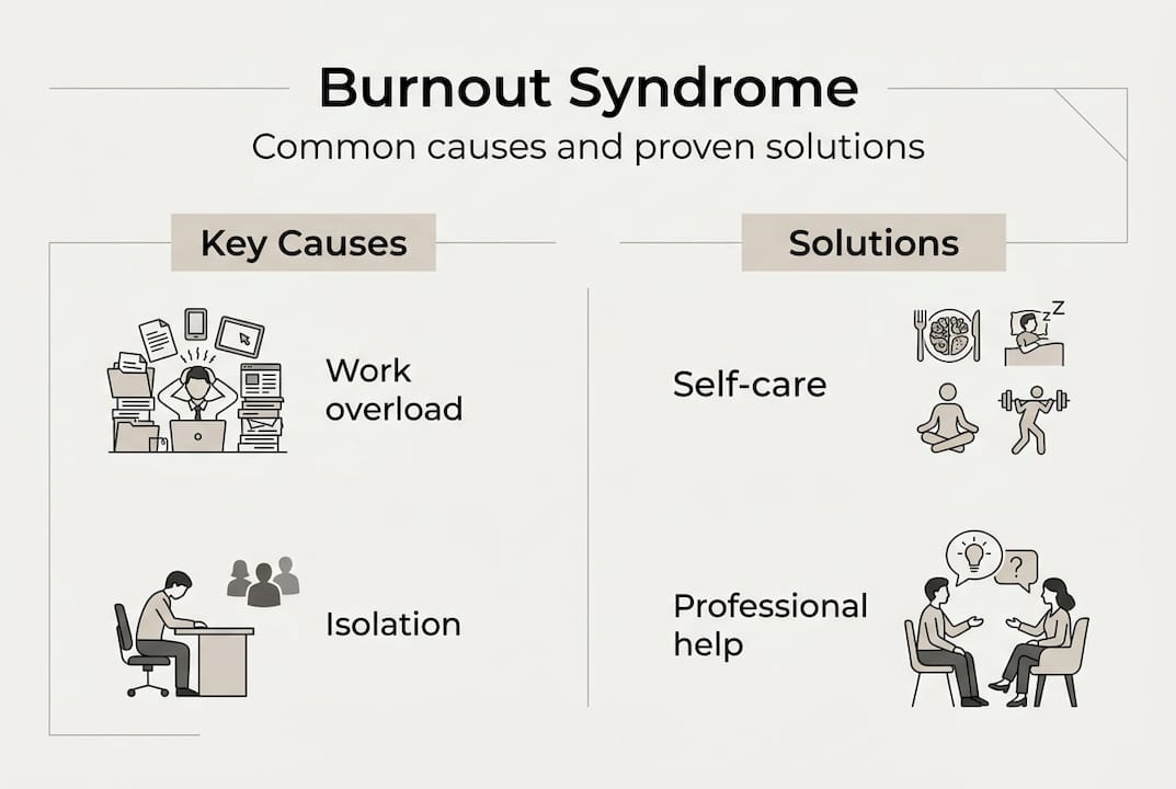 Infographic showing burnout causes and solutions
