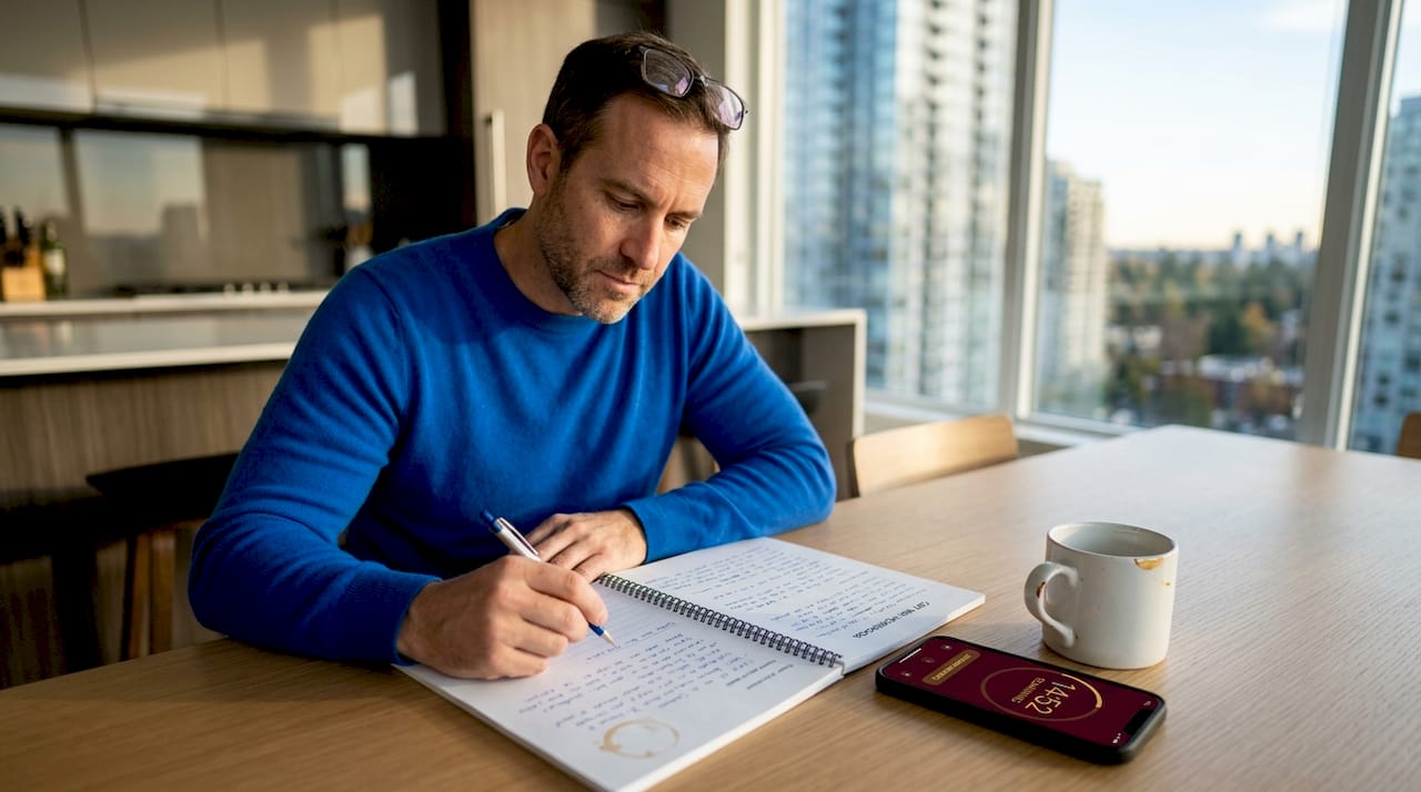 Man completing CBT workbook at kitchen table