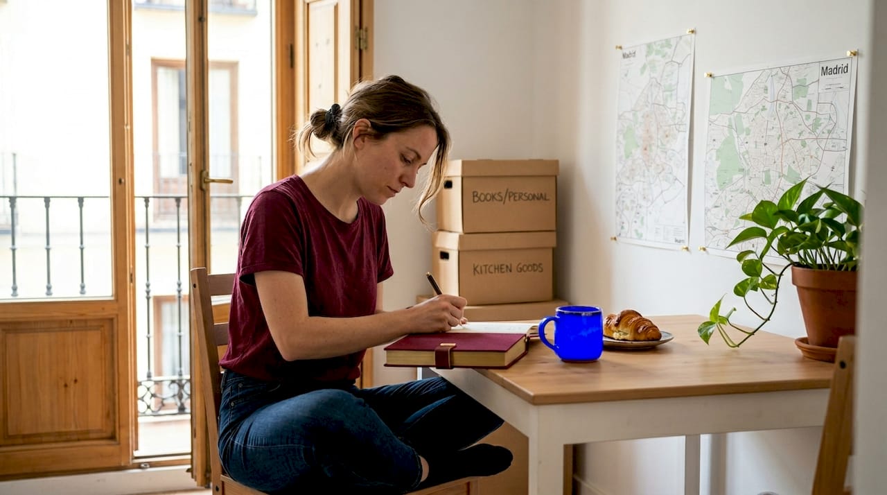 Expat woman journaling at sunlit Madrid kitchen table