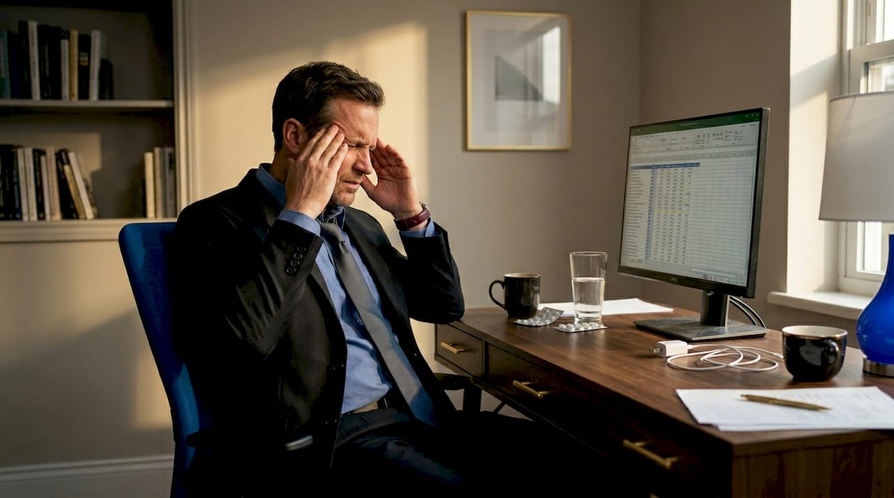 Tired expat man showing stress at home office desk