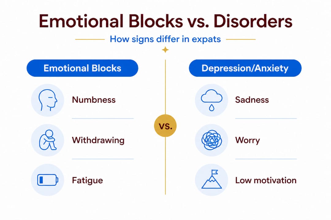 Infographic comparing emotional blocks and common disorders