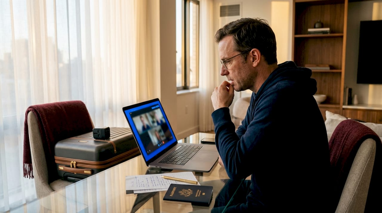 Man in video therapy session at dining table
