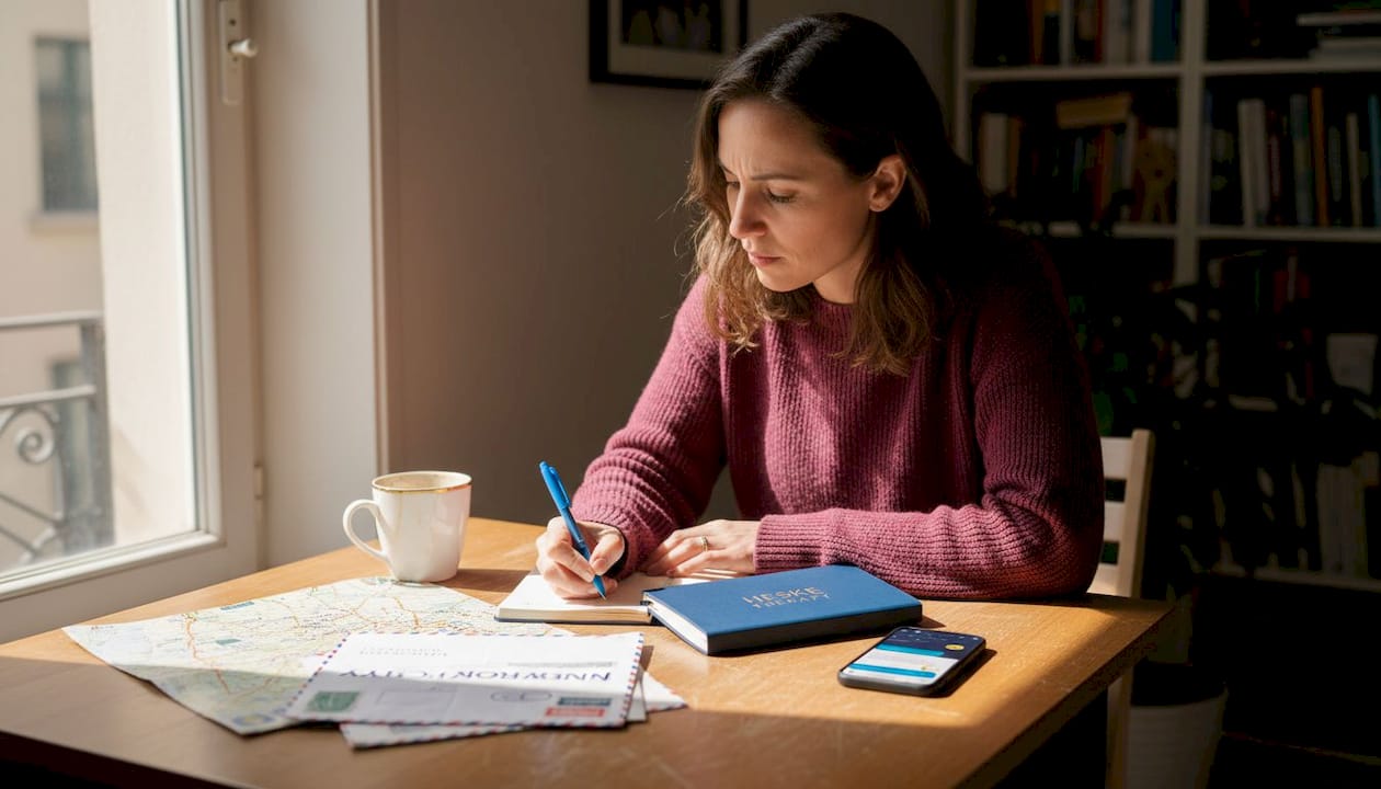 Expat woman journaling at kitchen table