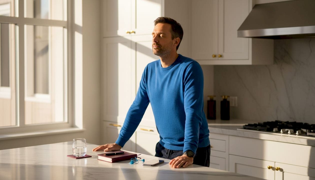 Man practicing slow breathing for anxiety in kitchen