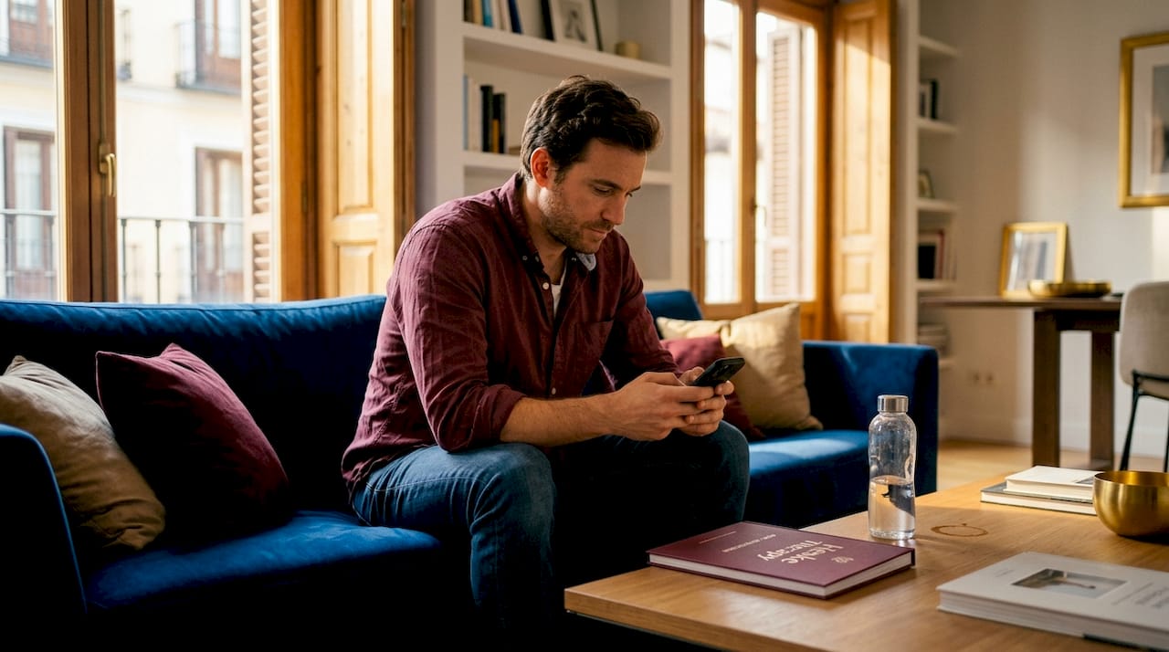 Man reflecting after therapy in living room