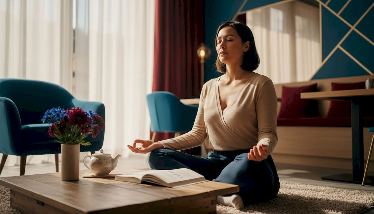 Expat practicing mindfulness in home setting