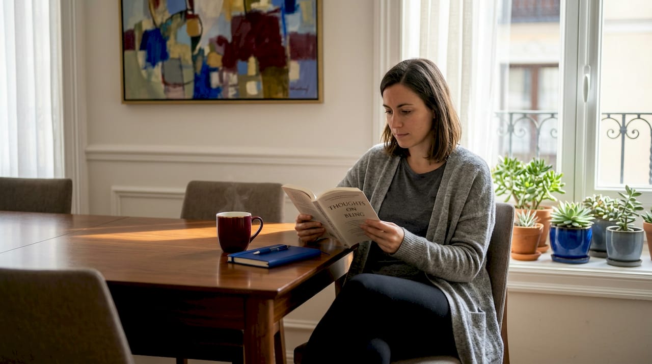 Expat woman relaxed at kitchen table in Madrid