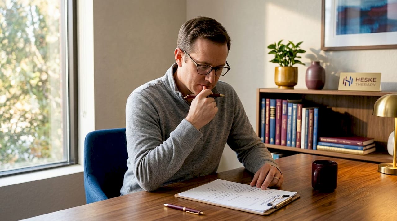 Expat completing therapy intake checklist