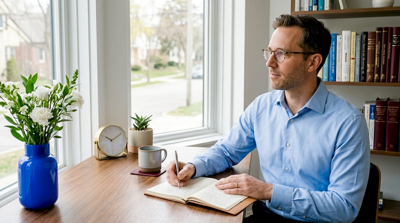 Therapist writing notes at home office table