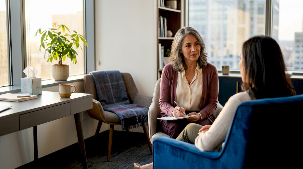 Counselor and client in sunlit office session