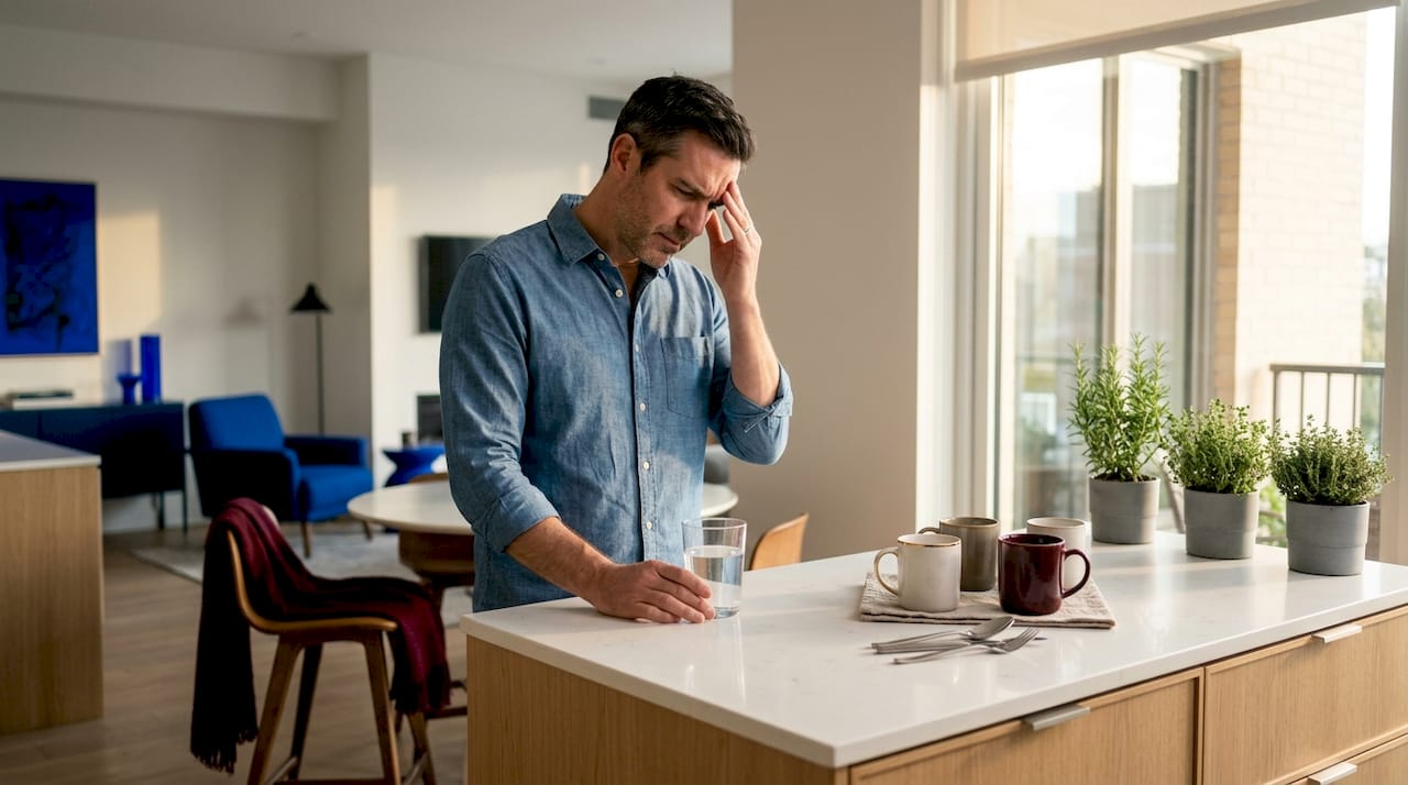 Man experiencing headache in kitchen setting