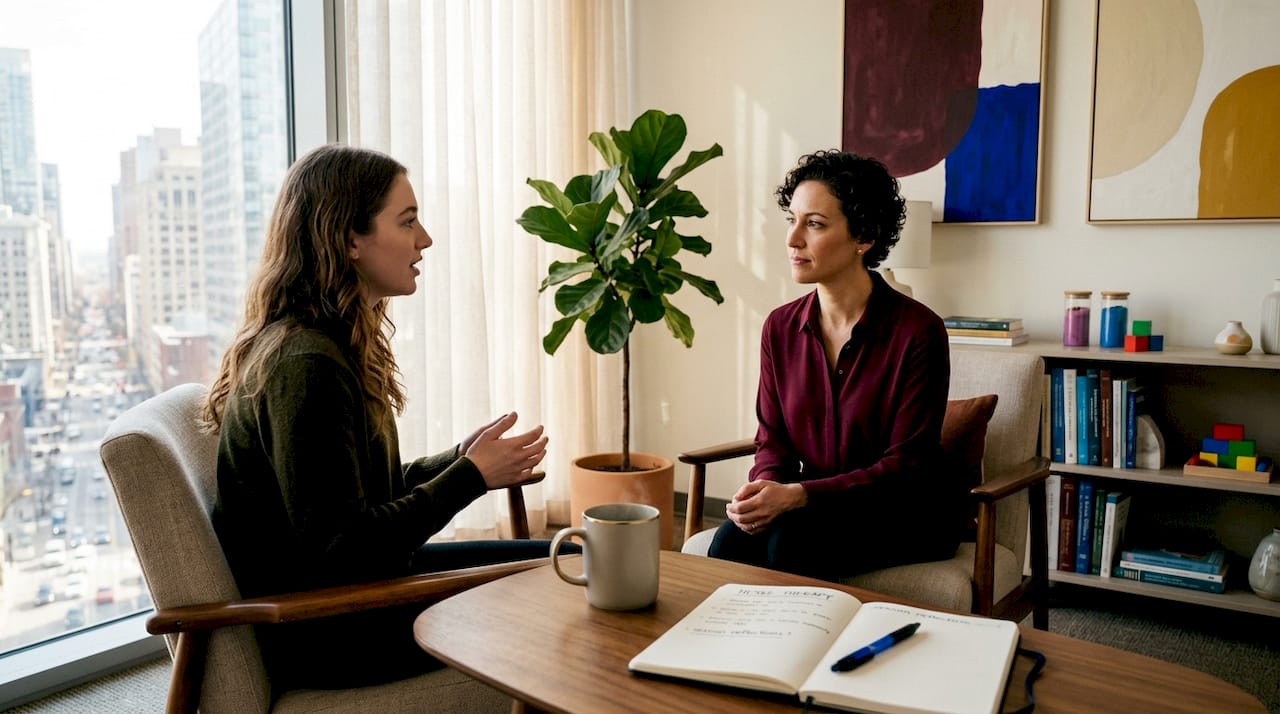 Therapist and client in a warm counseling office