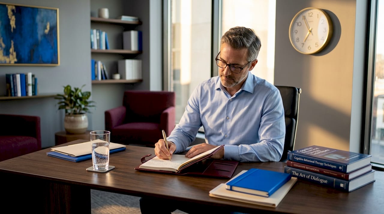 Therapist writing notes in quiet home office