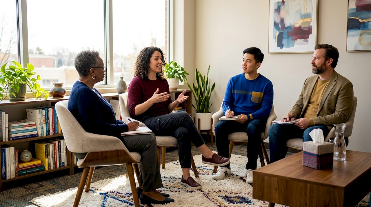 Adults in group therapy session with sunlight