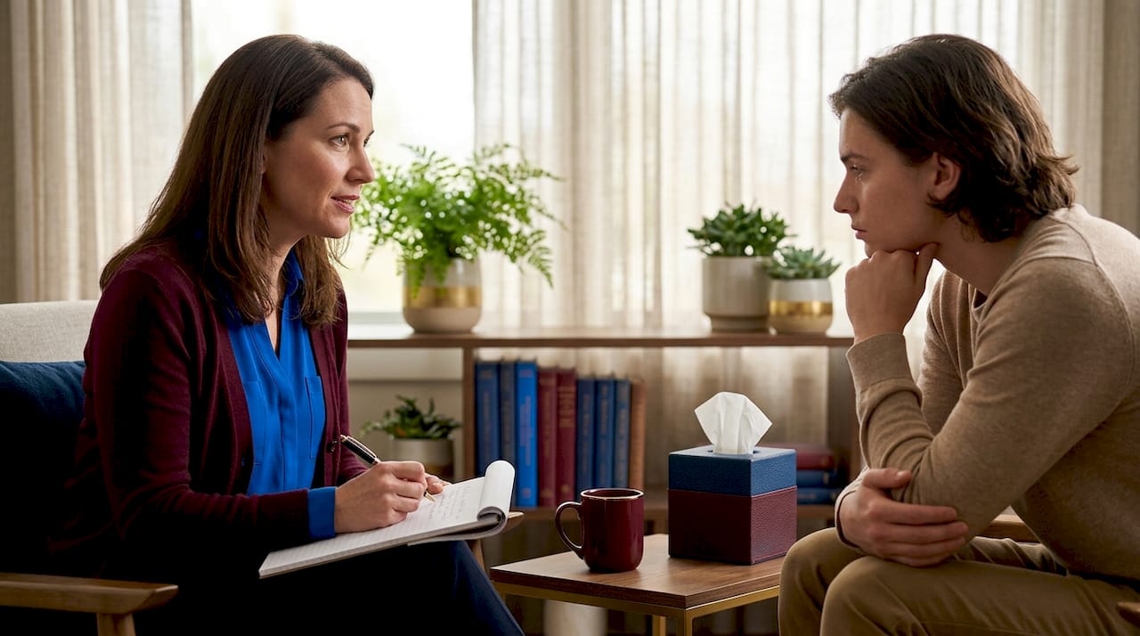 Therapist listening to client in sunlit office