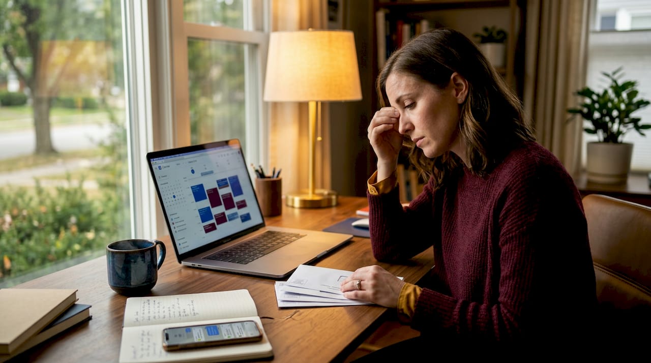 Woman visibly tired sorting mail and laptop calendar