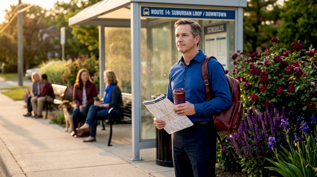 Man consulting transit map at city bus stop