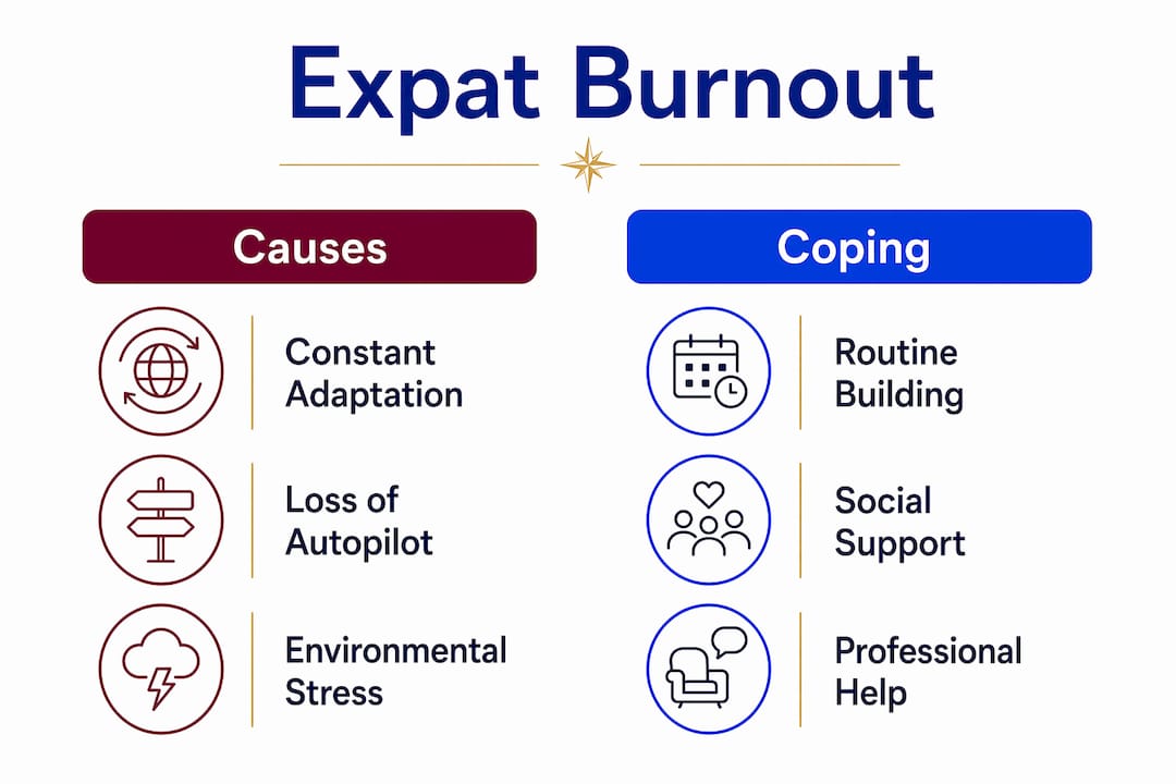Infographic comparing expat burnout causes and coping