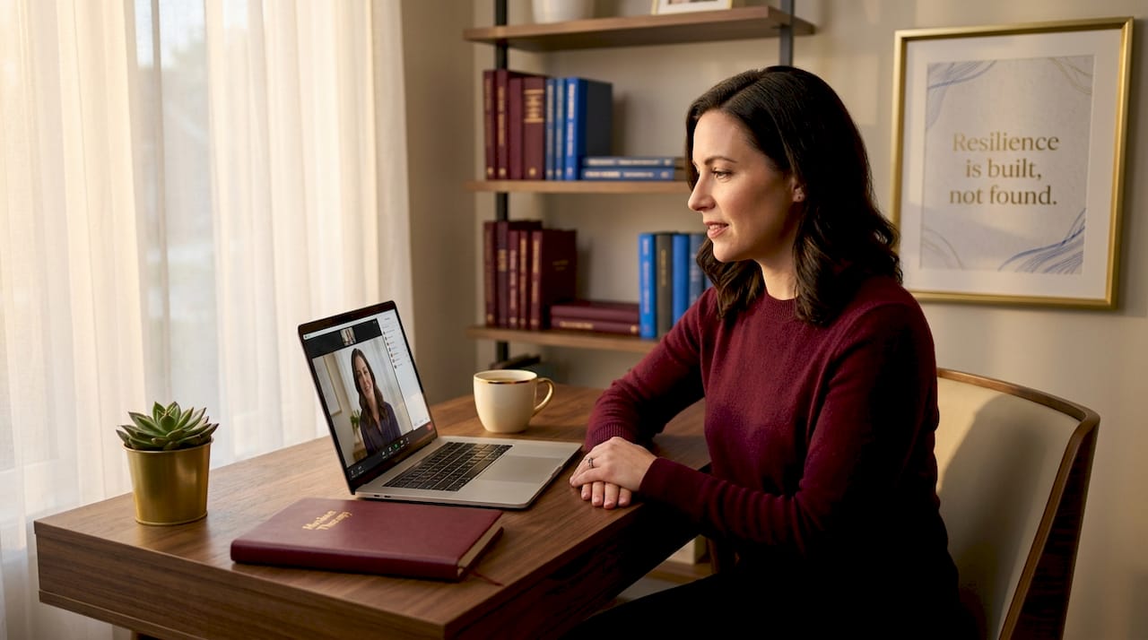 Woman engaged in video counseling at home desk