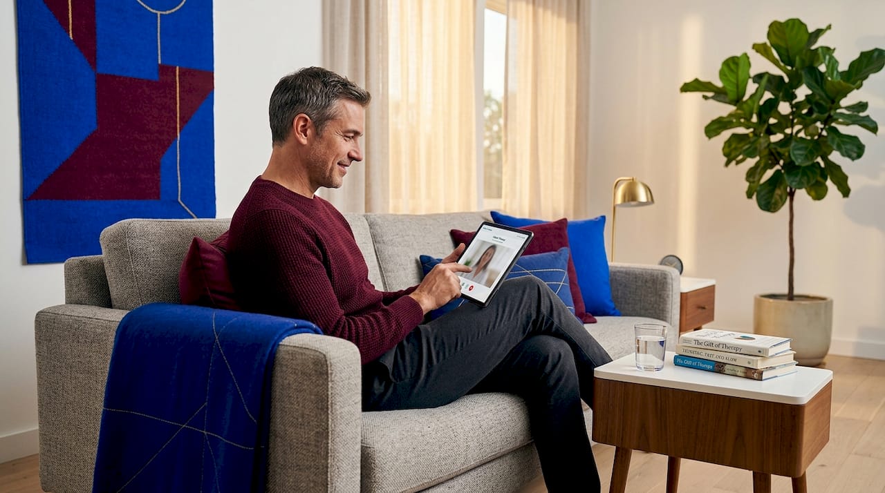 Man accessing online mental health care at home