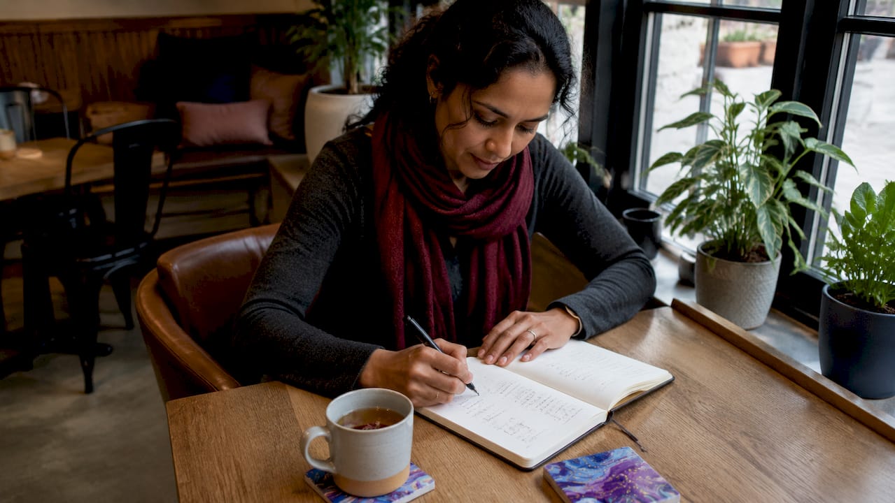 Hands writing migraine diary on table