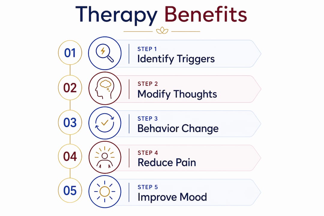 Infographic illustrating therapy steps for migraine relief