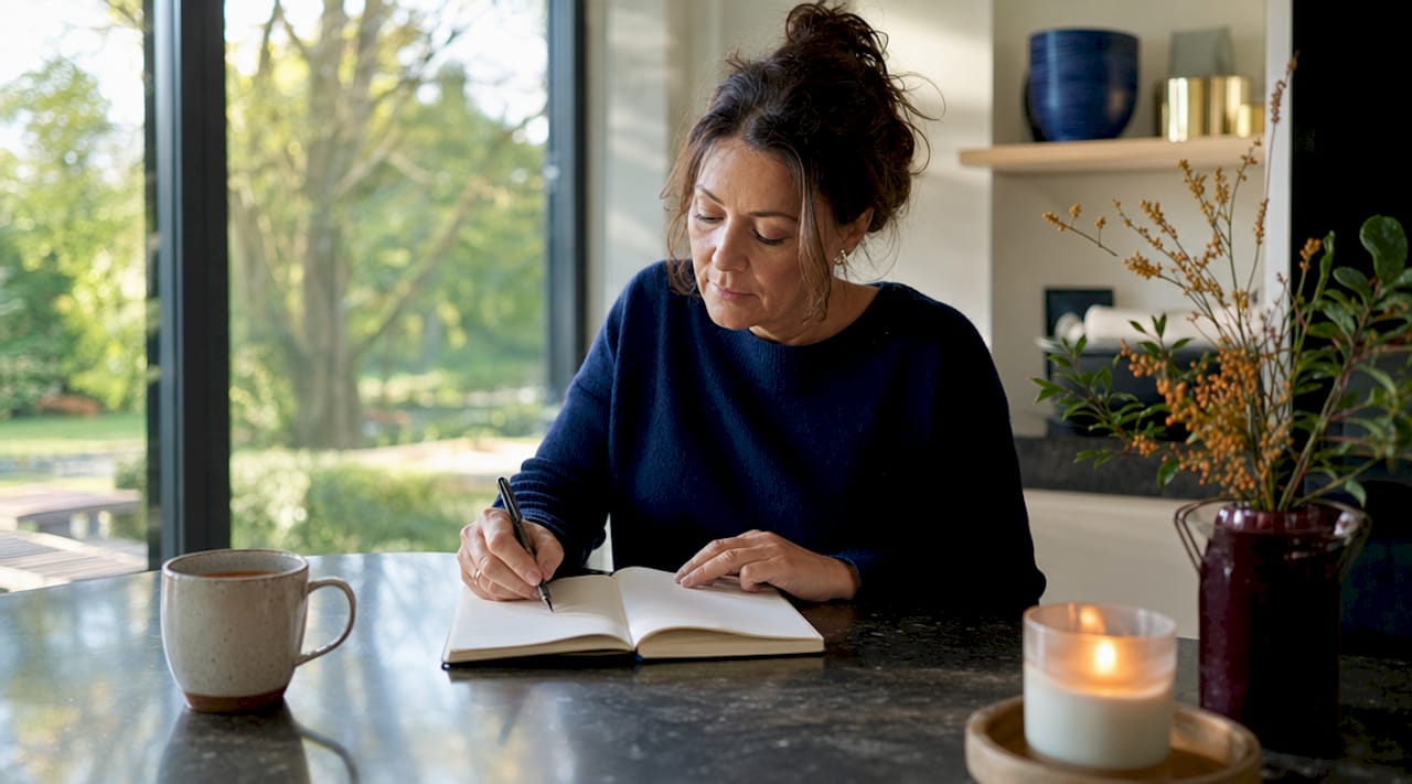 Woman tracking stress signals at home desk