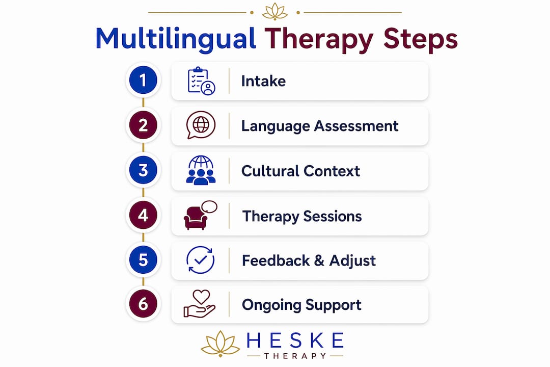 Step-by-step multilingual therapy process infographic