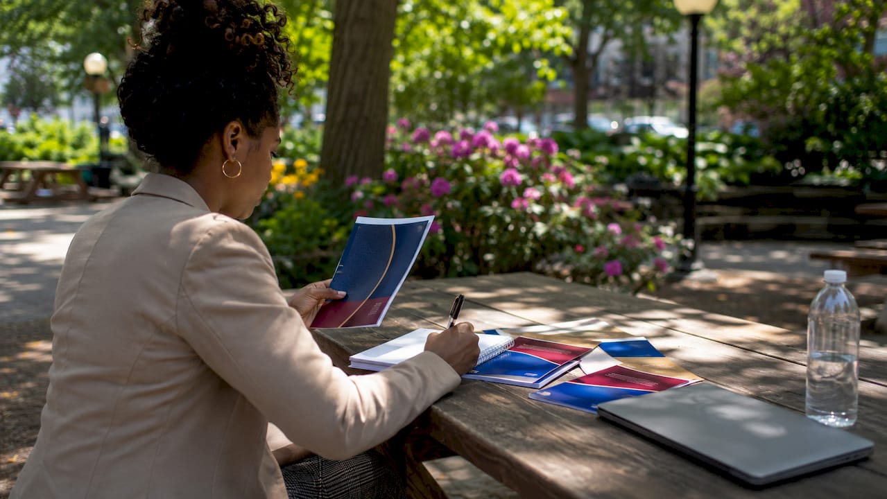 Woman reading mental health resource pamphlet