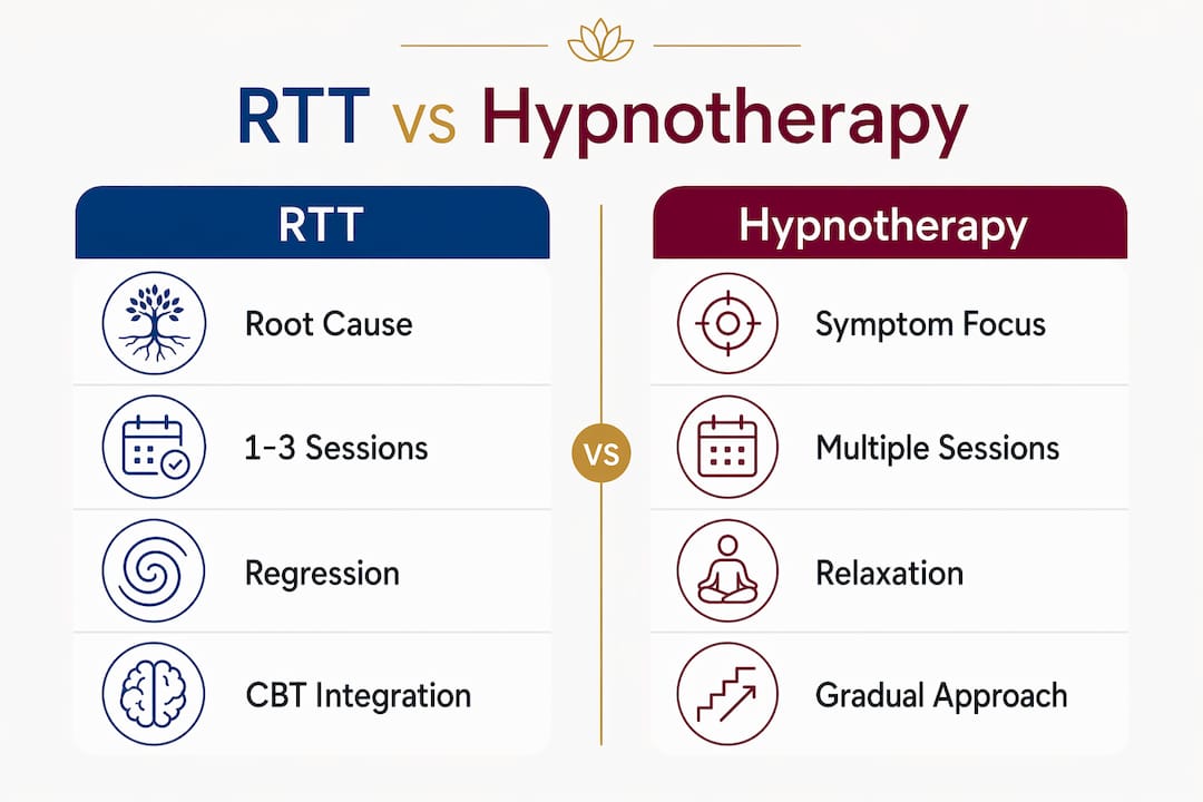 Infographic comparing RTT and hypnotherapy key differences
