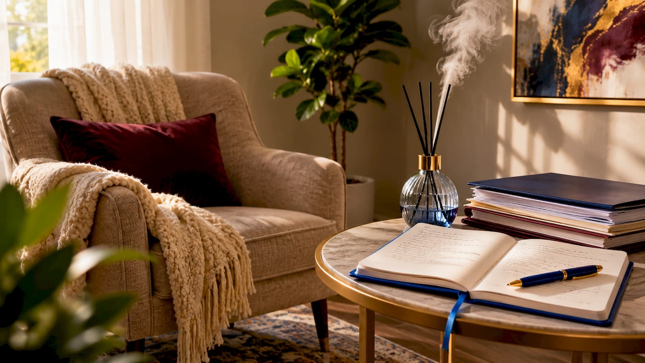 Hypnotherapy tools on therapy desk