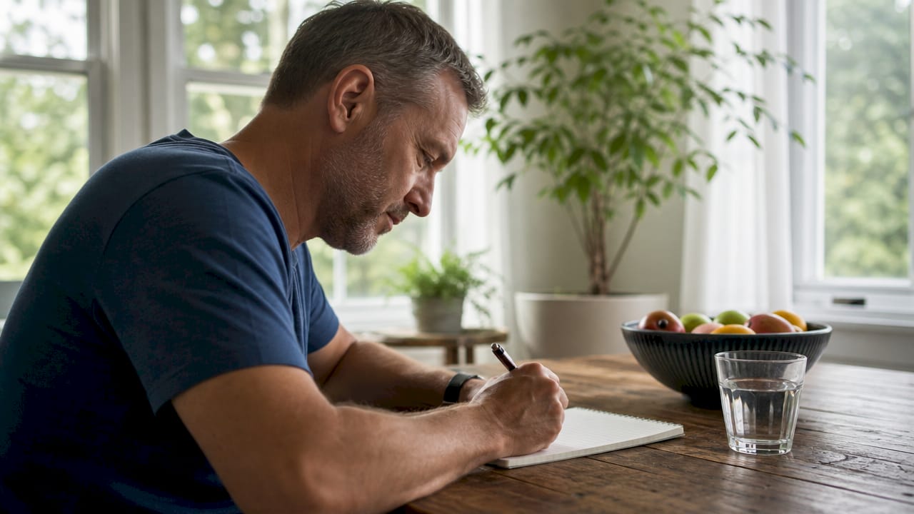 Man writing small achievable goals at kitchen table