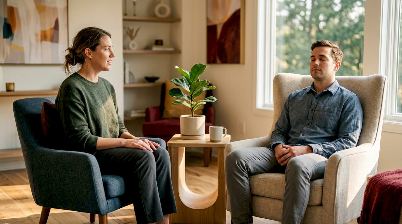 Therapist guiding client in transformational session