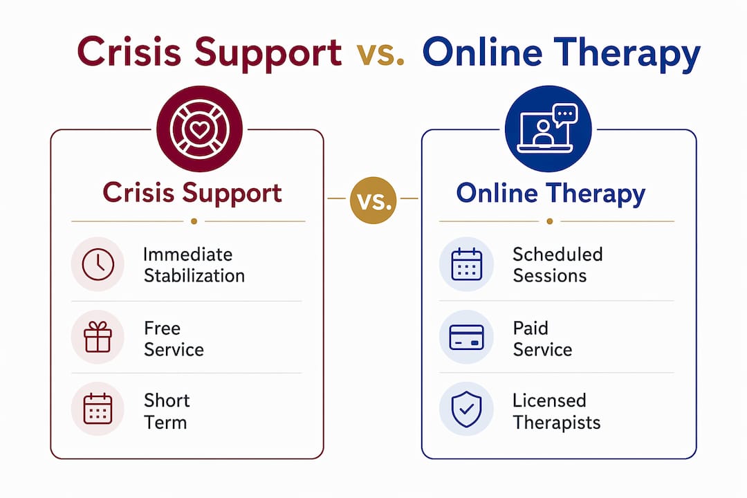 Infographic comparing crisis support and online therapy