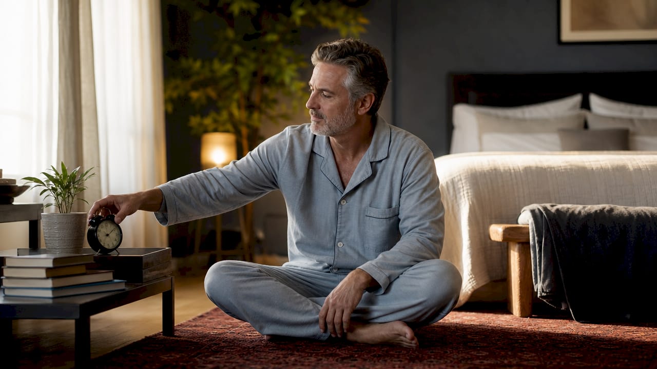 Hands adjusting alarm clock by bed for sleep hygiene