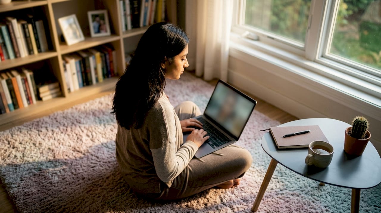 Person engaged in online therapy session at home