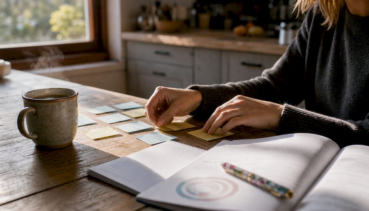 Hands writing habit change notes on desk