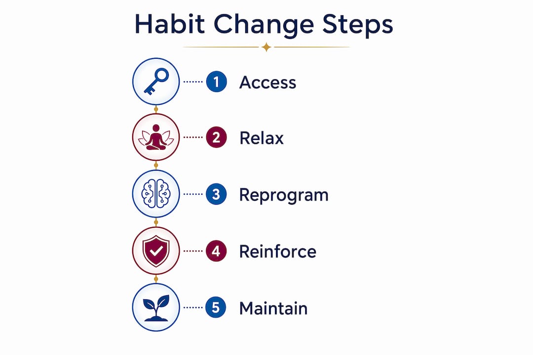 Infographic illustrating five steps of hypnotherapy habit change process