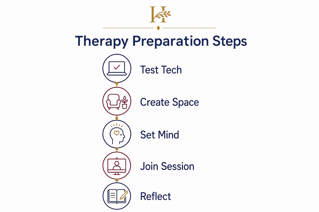 Infographic showing five steps to prepare for online therapy