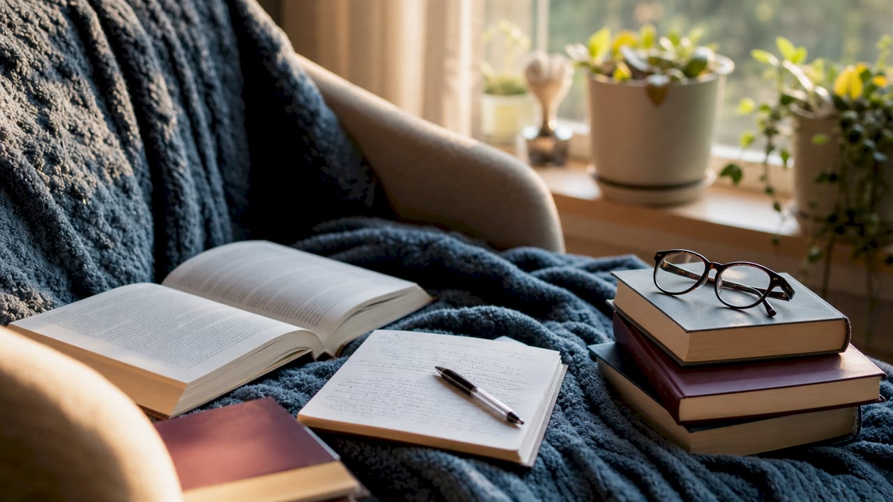 Overhead view of therapy study materials on desk