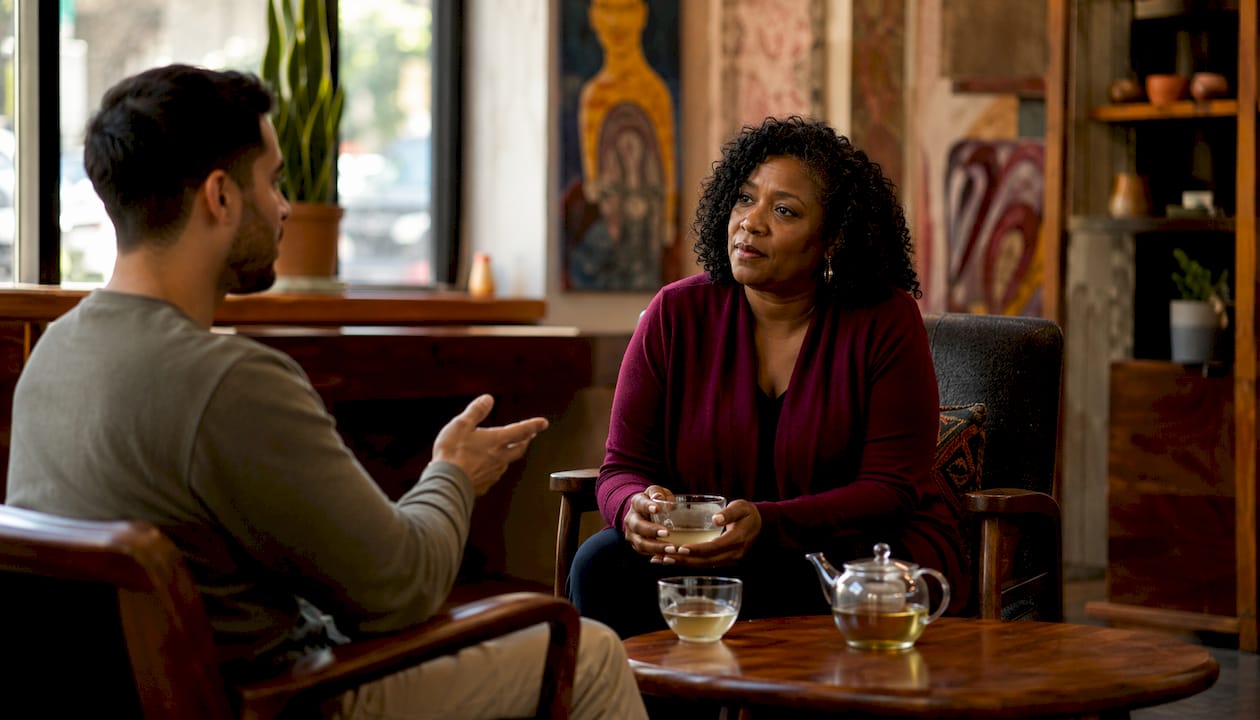 Therapist and client in multicultural therapy session