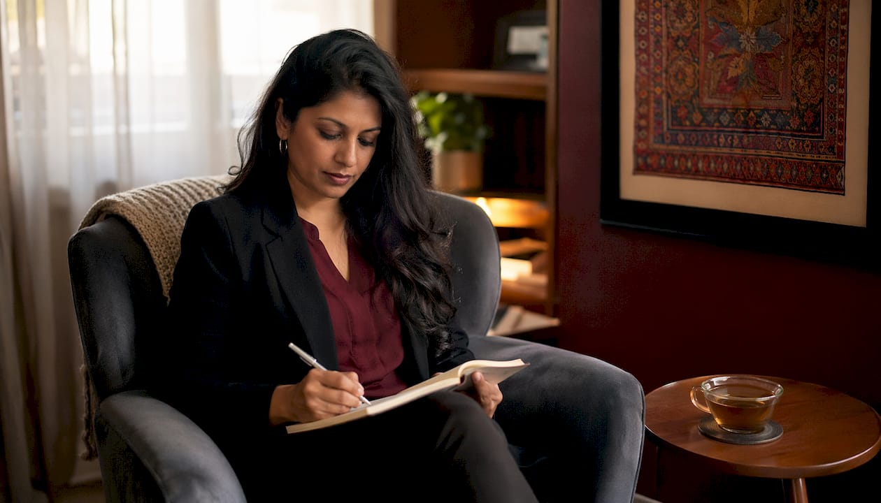 Side profile of therapist taking notes