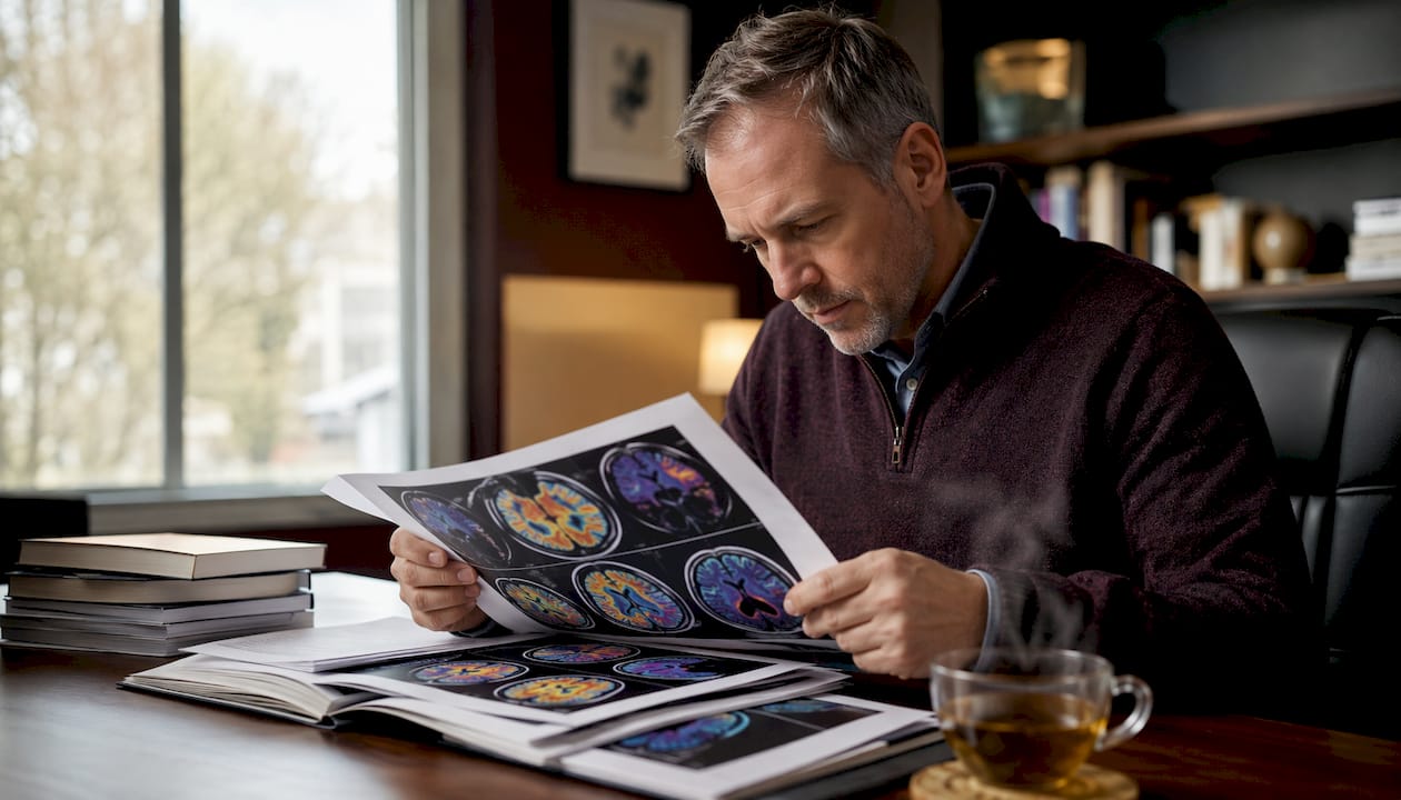 Scientist reviewing brain scan prints