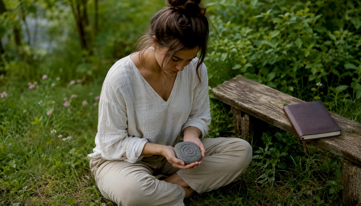 Hands holding symbolic healing stone