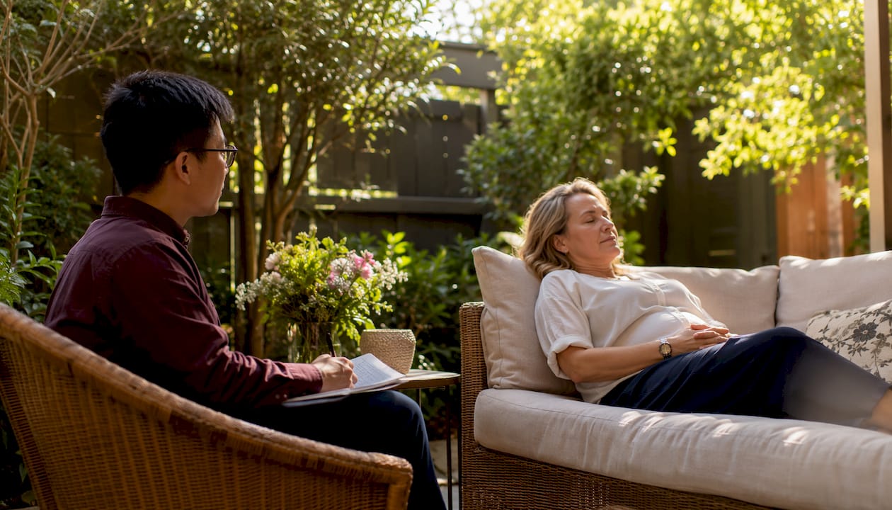 Therapist and client in hypnotherapy session