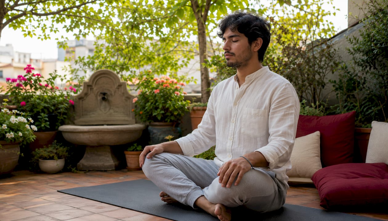 Young man meditating in Madrid apartment living room
